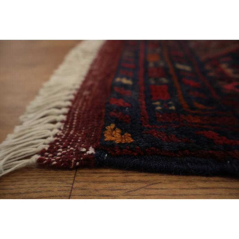 Hand Knotted Oriental 100% Wool Carpet Traditional Geometric Red Balouch Area Rug - 3' 7'' X 1' 10''