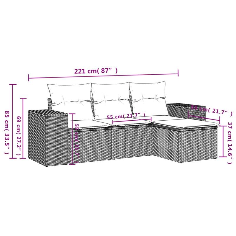 vidaXL Patio Sofa Set with Cushions Outdoor Conversation Furniture Poly Rattan - 21.7 x 21.7 x 14.6