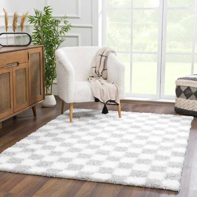 Atira Checkered Geometric Farmhouse Shag Area Rug