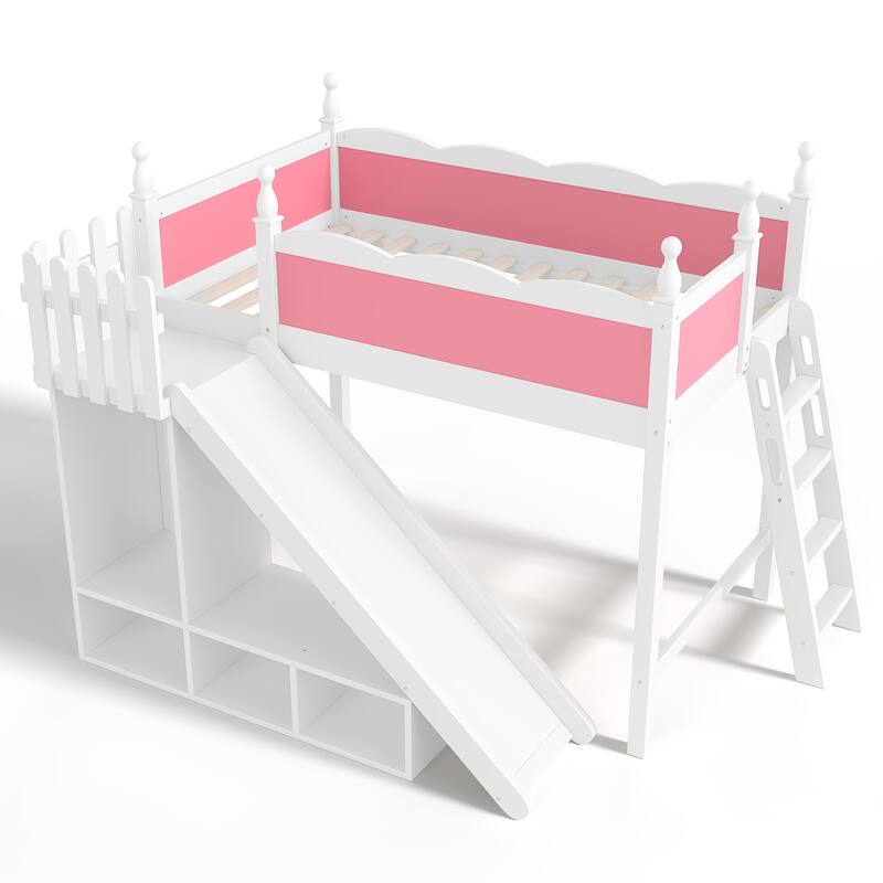 Twin Loft Bed with Storage Shelves and Wardrobe, Solid Wood Loft Beds with Detachable Slide and Ladders, No Spring Box Needed