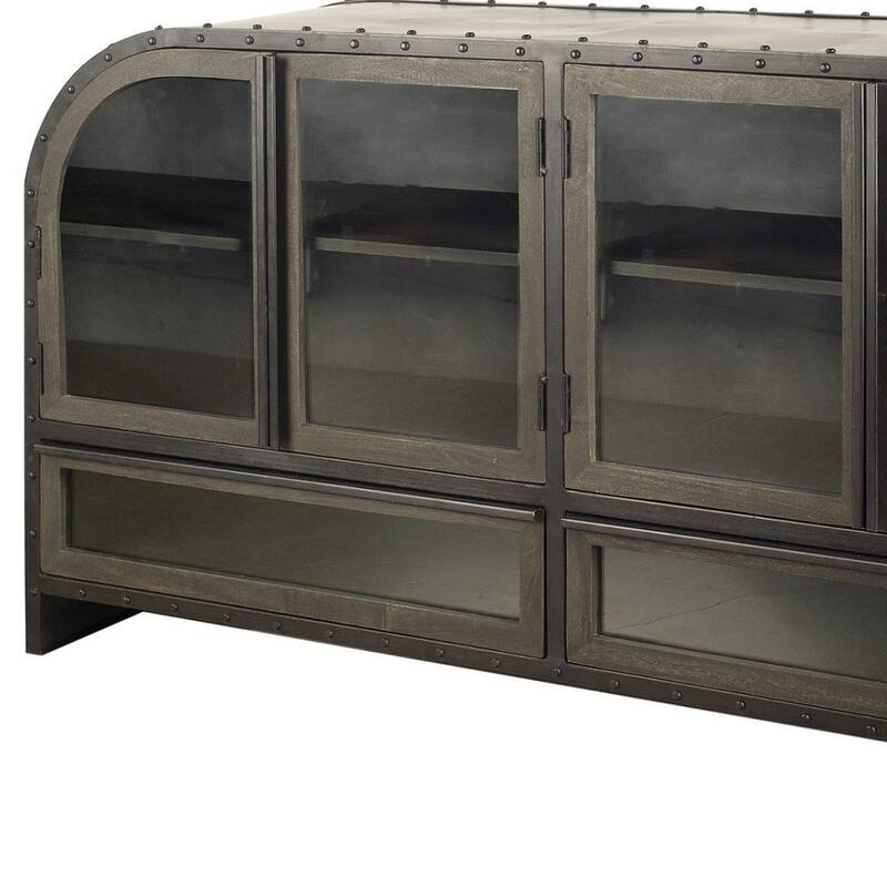 HomeRoots 62" Dark Brown Iron Two Drawer Sideboard with Four Glass Doors - 16.5' X '33.3' X '62.3