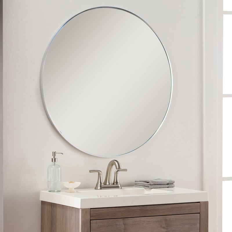 Livabliss Aranya Modern Aluminum Round Circle Accent Mirror - 27"H x 27"W x 1.1"D - Silver
