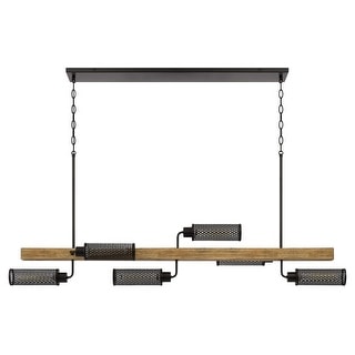 Island Chandelier with 6 Mesh Metal Shades and Wooden Support, Black