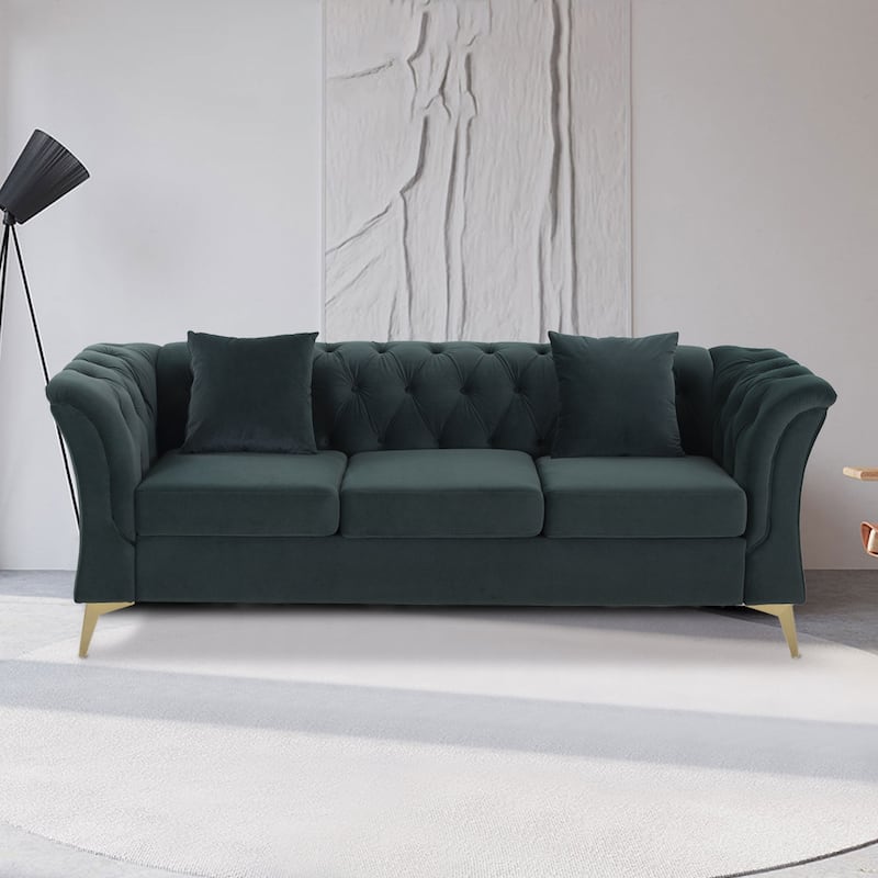 Mid-century Velvet Fabric Tufted Chesterfield 3-Seater Sofa
