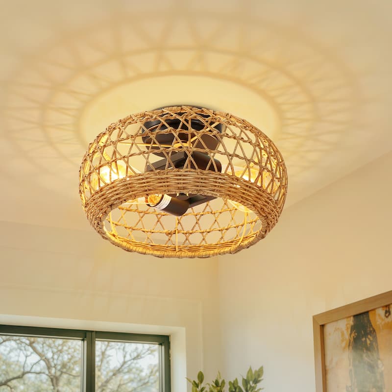 2-Light Hand-woven Rattan Semi-Flush Mount Ceiling Light