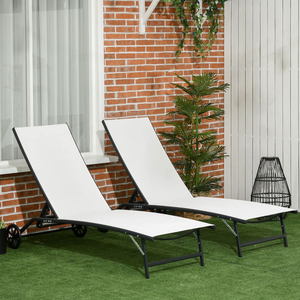 2-Piece Outdoor Chaise Lounge Chair Set with Wheels and 5 Adjustable Positions for Patio Poolside or Beach