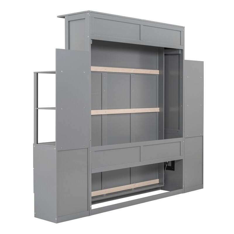 Queen Size Murphy Bed Wall Bed with Shelves, Drawers and LED Lights