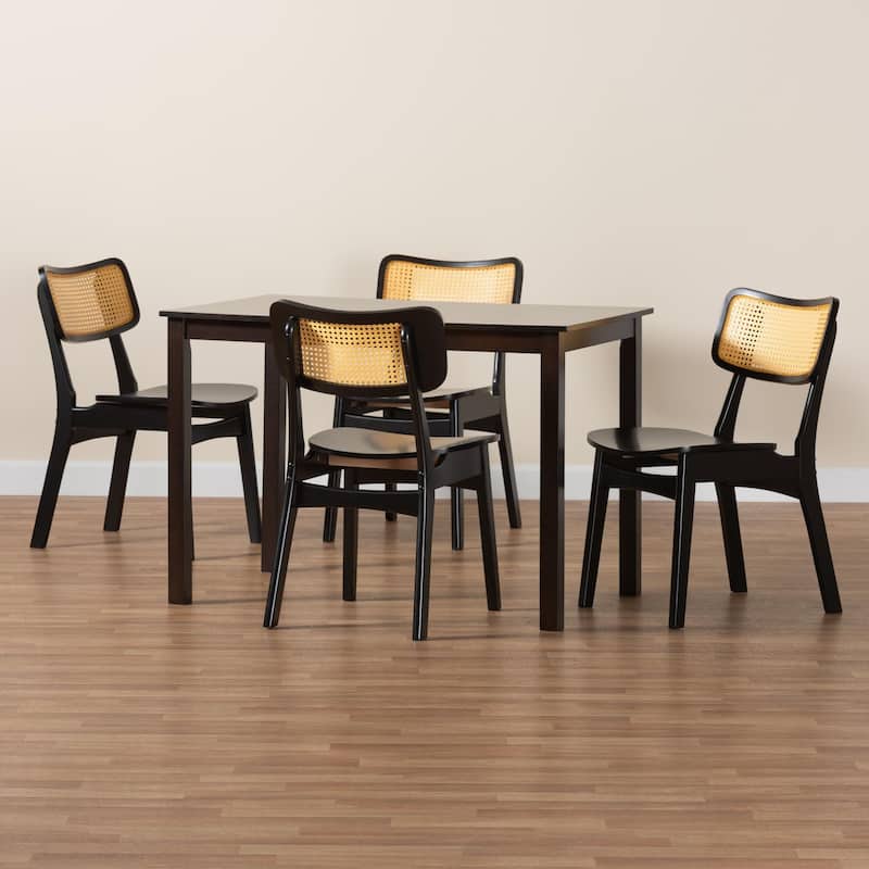 Estera Mid-Century Wood and Rattan 5-Piece Dining Set