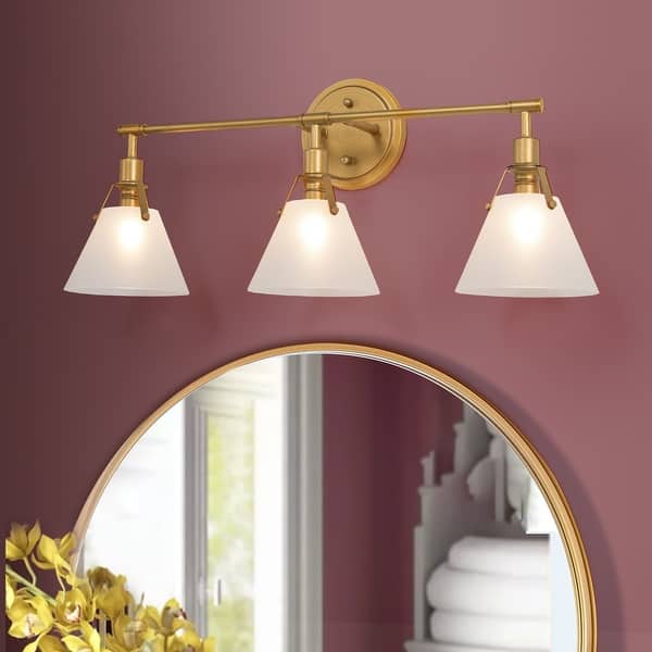 slide 2 of 16, Coney Modern Glam 3-Light Gold Linear Bathroom Vanity Lights Frosted-glass Wall Sconces