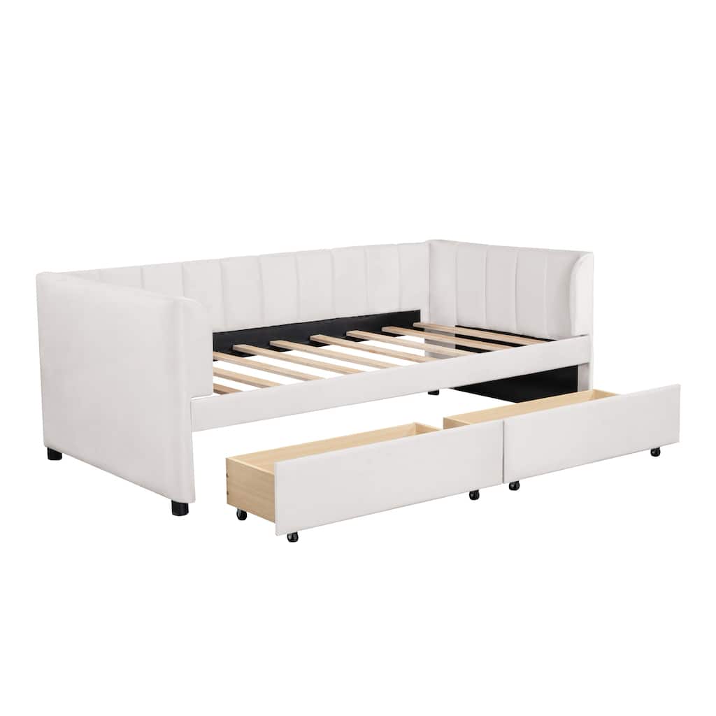Velvet Upholstered Twin Size Daybed w/ 2 Drawers & Backrest,Beige