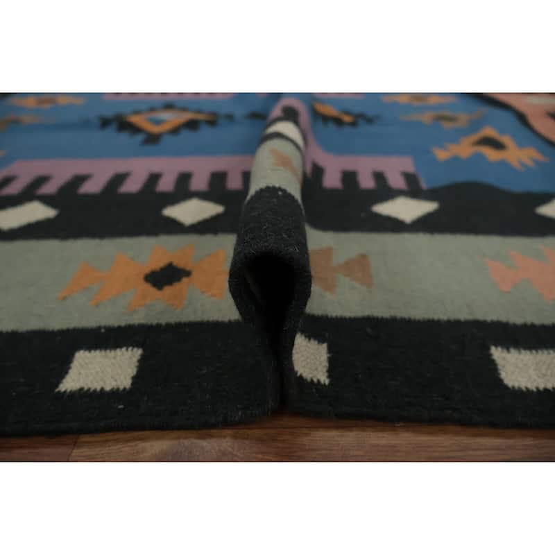 Hand Woven Oriental 100% Wool Carpet Southwestern Tribal Navy Blue & Blues Kilim Area Rug - 10' 0'' X 5' 3''