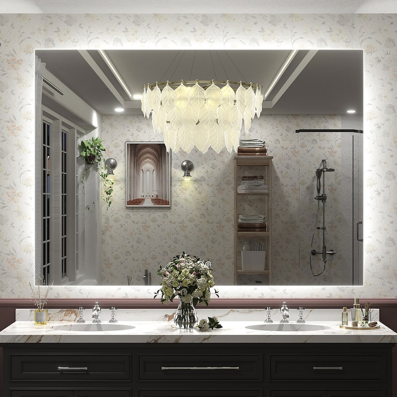 Frameless Anti-Fog 3 Colors Dimmable LED Backlit Wall Bathroom Vanity Mirror - 55" x 40"-Rectangular