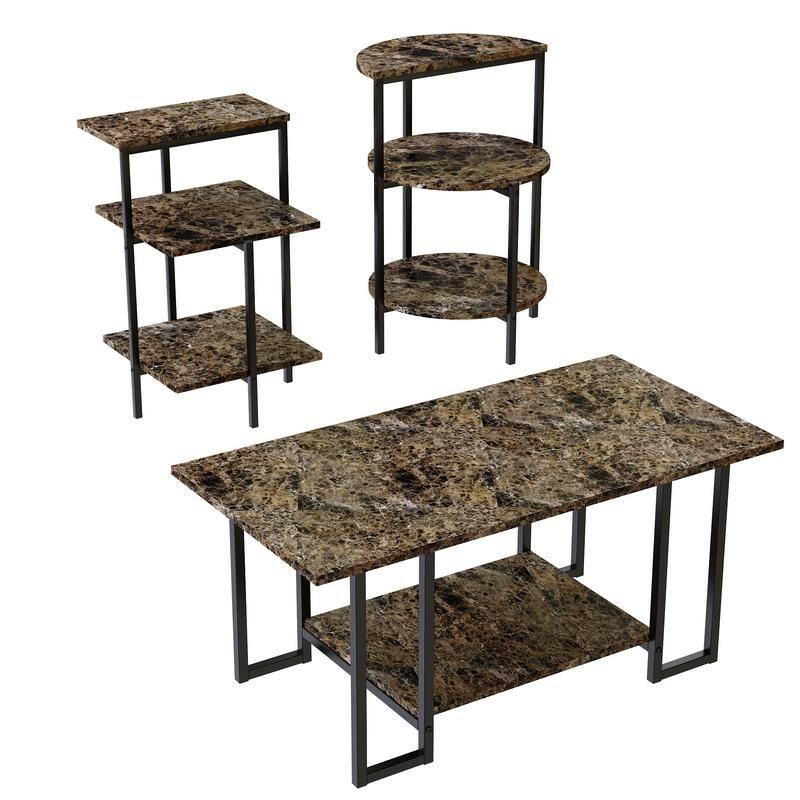 3 Pieces Faux Marble Coffee Table Set with 1 Coffee Table and 2 End Tables, Modern Sofa Side Table with Shelf, Cocktail Table