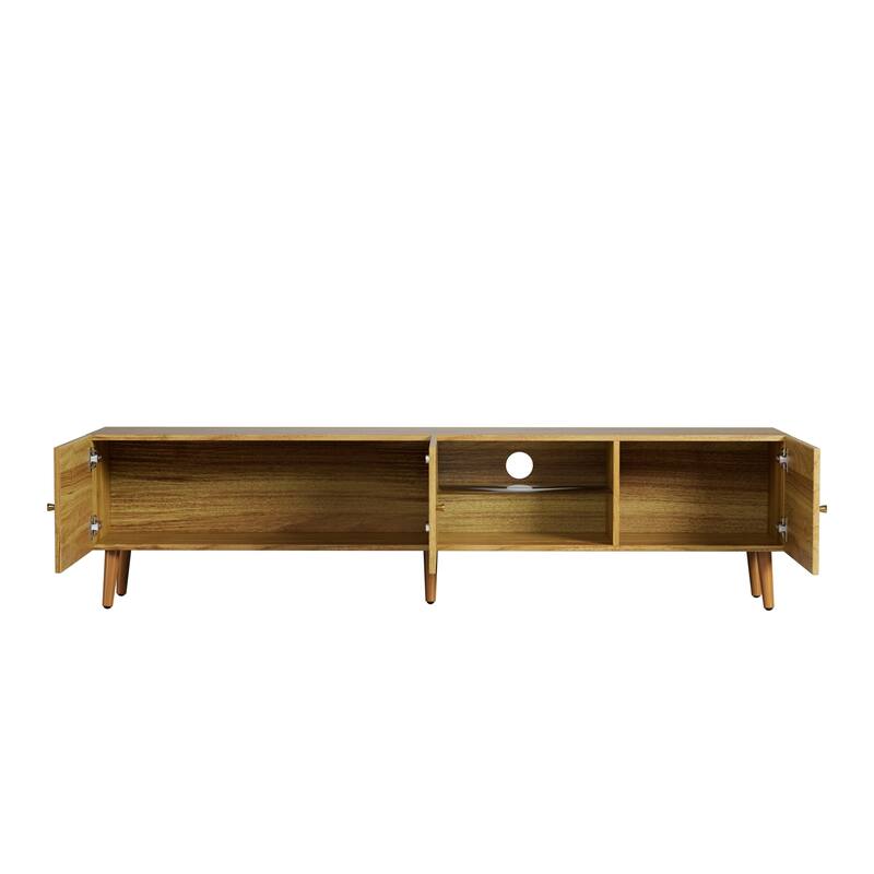 Brown Oak 69" TV Stand with Three-door Design, 2 Cabinets and Open Shelves for TVs Up to 70"