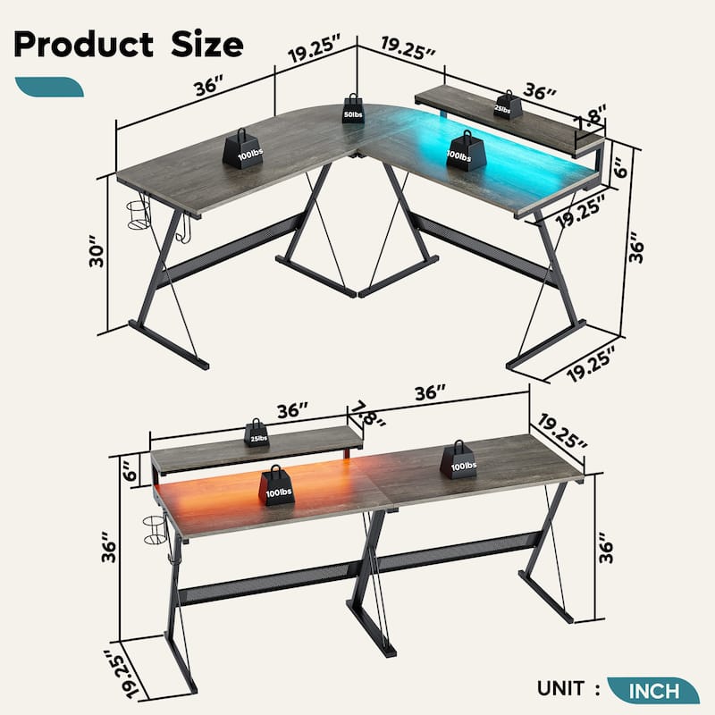 L-Shaped LED Gaming Desk Corner Computer Desk with Monitor Stand