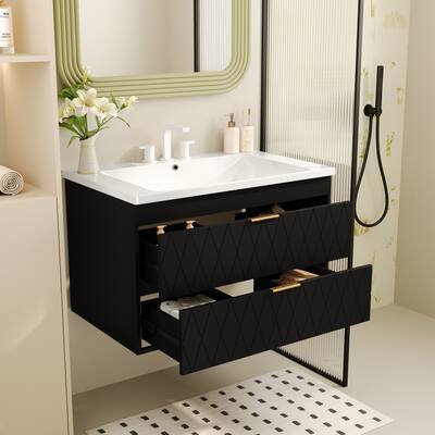 Wall Mounted Bathroom Vanity with Resin Sink Combo, Floating Solid Wood Bathroom Storage Cabinet with 2 Drawers, 30 Inch, Black