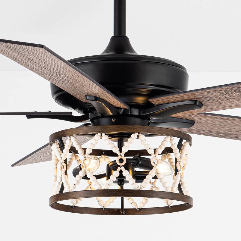 52" Farmhouse Wood Beaded Black Caged Ceiling Fan with Light and Remote