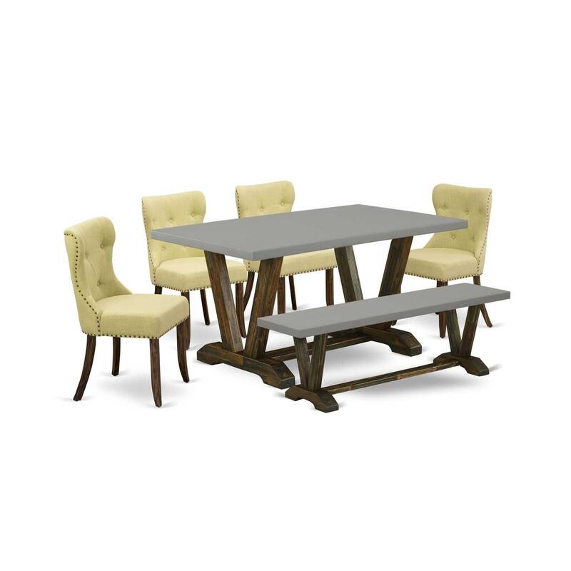 HomeStock 6-Pc Rectangle Distressed Jacobean Finish Solid Wood Top Dining Table with 1-Bench, 4-Chairs