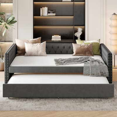 Full Size Daybed Upholstered Tufted Sofa Bed with Twin Trundle and Button & Copper Nail
