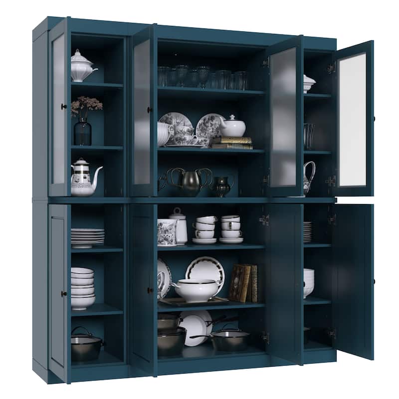 100% Solid Wood 65" Pantry China Cabinet with Solid, Frosted Glass Doors and Adjustable Shelves