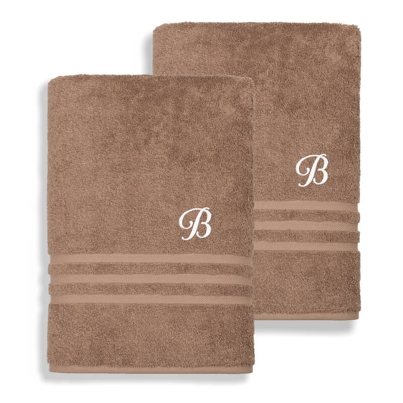 Authentic Hotel and Spa Omni Turkish Cotton Terry Set of 2 Latte Brown Bath Towels with White Script Monogrammed Initial - B