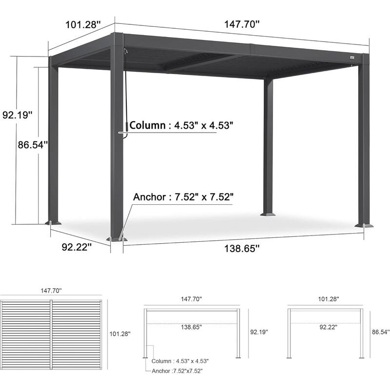 PURPLE LEAF Grey Louvered Sun Shade Pergola - Adjustable Metal Roof for Patio Hardtop Pergola
