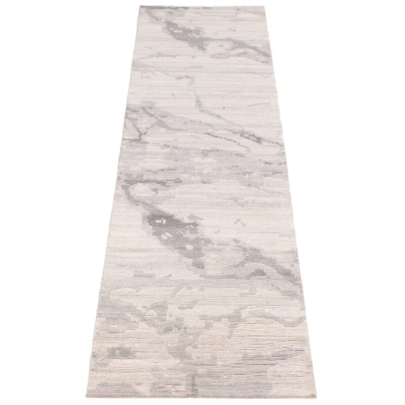 ECARPETGALLERY Hand-knotted Alma Grey, White Wool Rug - 2'5 x 9'9