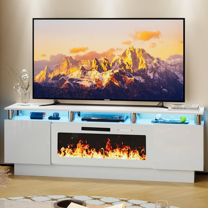 BOSSIN 70" Modern Electric Fireplace TV Stand, with Electronic Flame and LED Lights, High Gloss Finish Entertainment Center