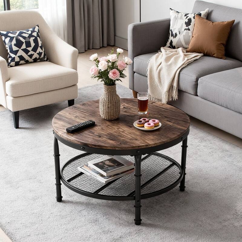 31.89in Double-layer Round Brown PVC Density Board Panel Black Base with Silver Pattern Powder-coated Iron Frame Coffee Table