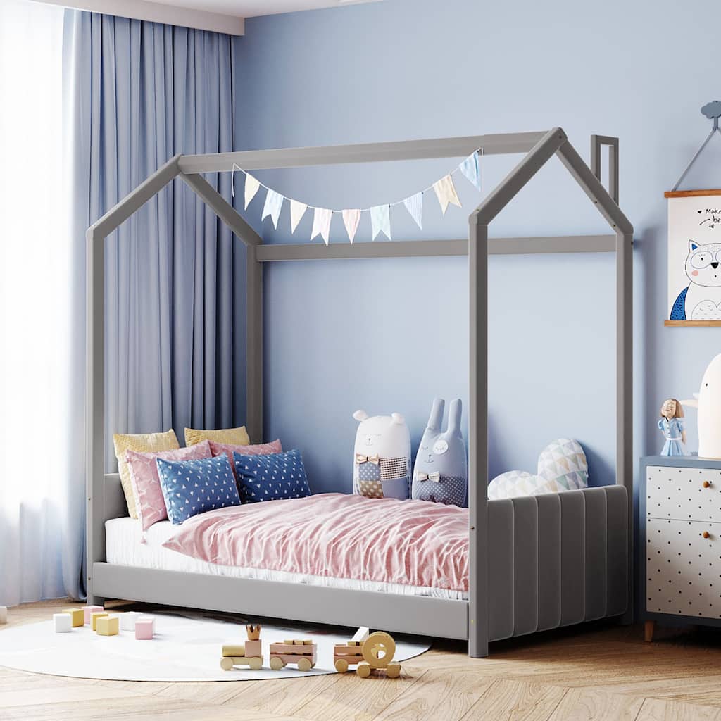 Gray Velvet House Bed with Roof and Playhouse Design - Perfect for Kids' Playtime