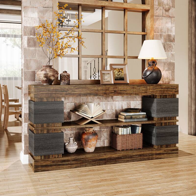 63'' Wood Farmhouse Console Table with Storage Shelves for Entryway