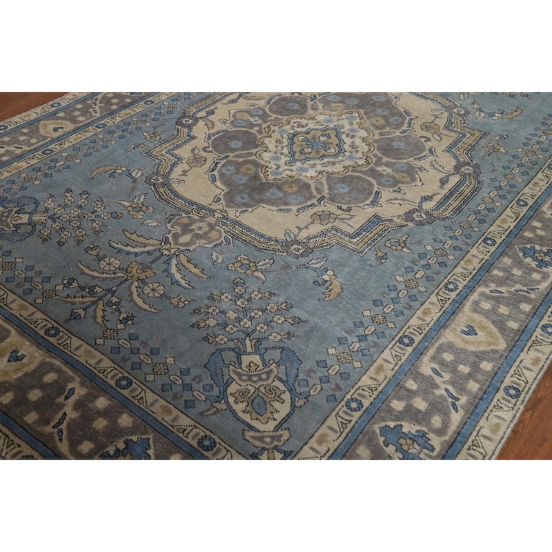 Geometric Blue Tabriz Persian Rug Traditional Hand-Knotted Wool Carpet - 6'7"x 9'9"