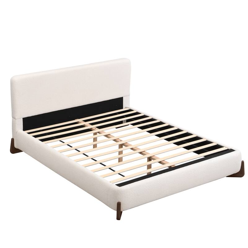 Boucle Upholstered Bed Low Profile Platform Bed Curved Wingback Bed