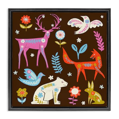 Stupell Forest Folk Animals with Florals Framed Floater Canvas Wall Art Design By Hannah Moren