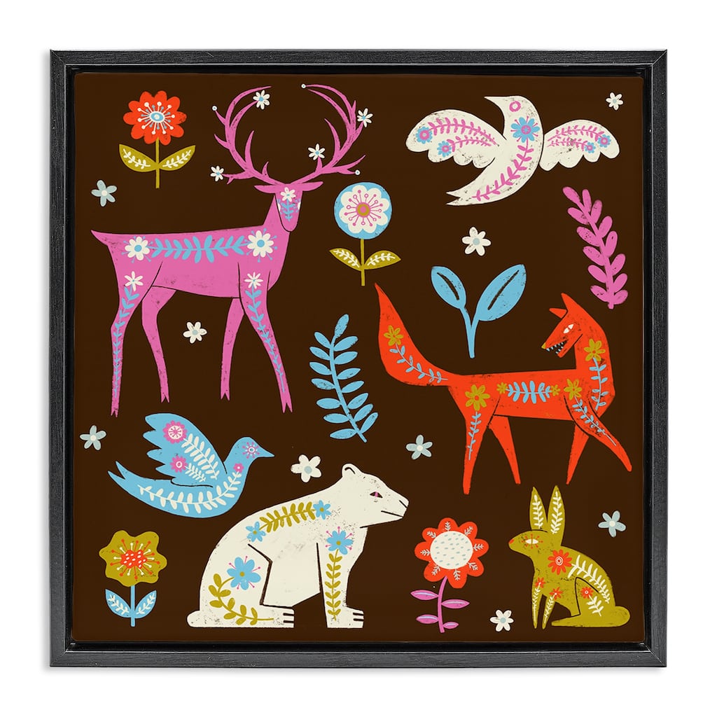 Stupell Forest Folk Animals with Florals Framed Floater Canvas Wall Art Design By Hannah Moren