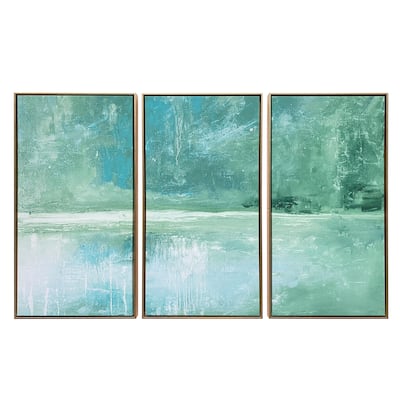 "The Pond Abstract" 3 Piece Set Print on Gold Floating Canvas Framed Wall Art