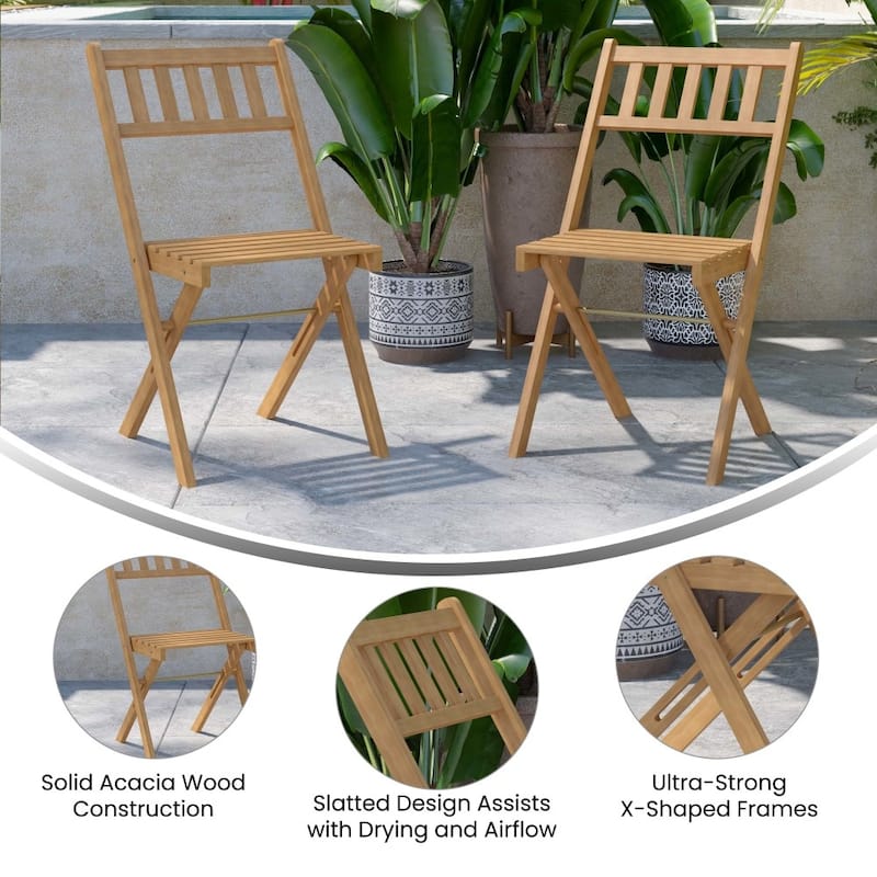 Indoor/Outdoor Solid Acacia Wood Folding Bistro Chairs - Set of 2 - 19.5"D x 17.25"W x 33"H