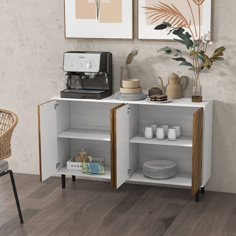 Modern Multifunctional Sideboard Cabinet with Chevron Doors and Pine Wood Legs - 47.75" W x 14.5" D x 29.5" H