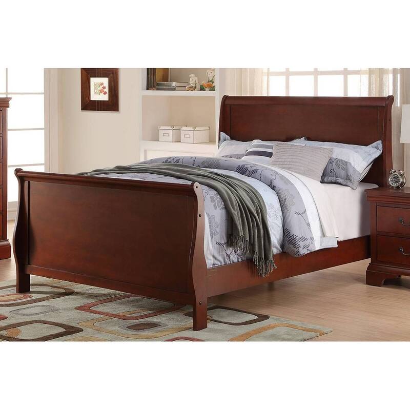 Twin Size Dark Cherry Sleigh Design Bedframe with Rubberwood and Plywood