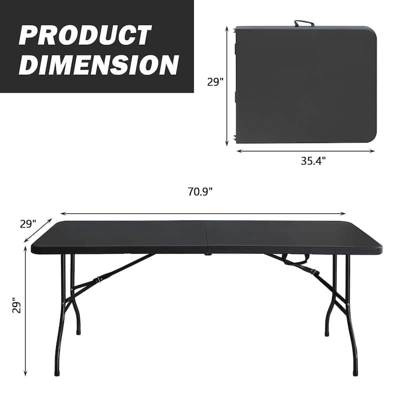 Black Plastic Folding Table, Rectangular Patio Table with Steel Tube Legs and Carry Handle