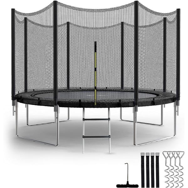slide 2 of 6, 12FT Simple Trampoline for Kids with Safety Enclosure Net,Wind Stakes and Non-Slip Ladder Black - Kids