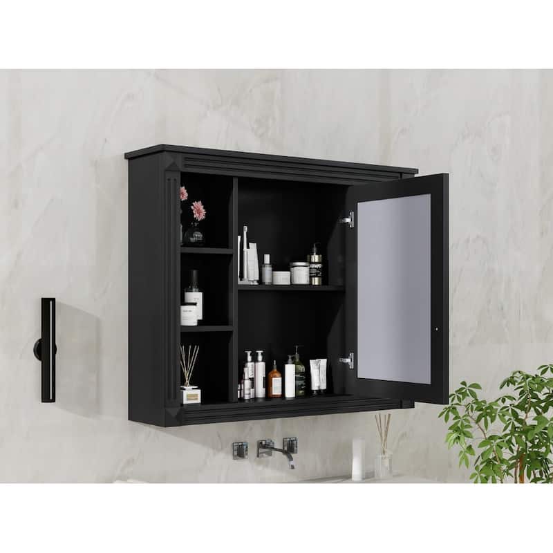 Roomfitters 35"x28" Wall Mounted Mirror Cabinet with 6 Open Shelves, Modern Bathroom Storage Organizer, Black
