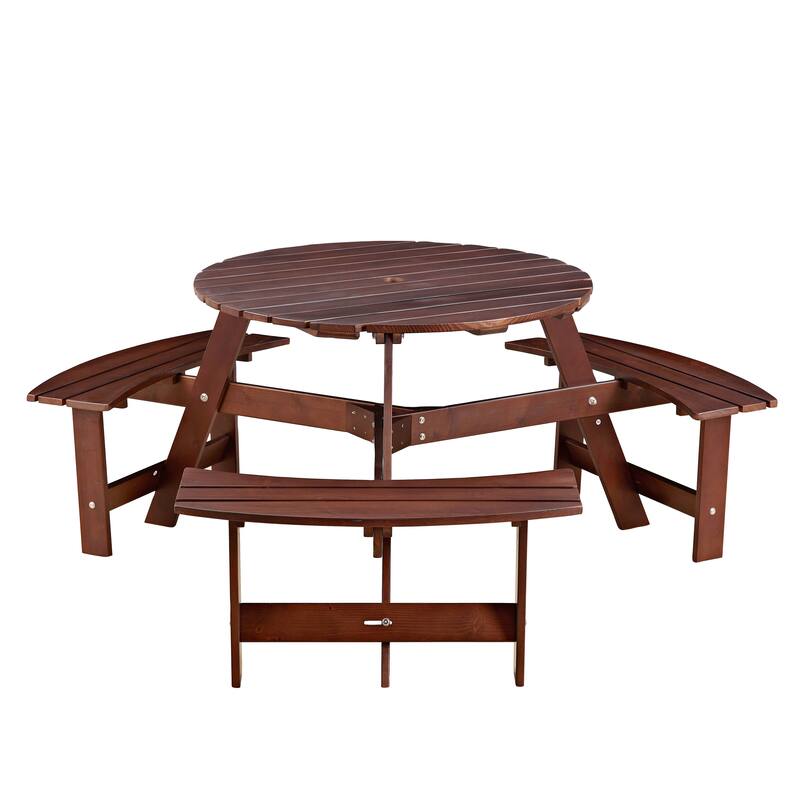 Outdoor 6 Person Picnic Table with 3 Built-in Benches and Umbrella Hole - Brown