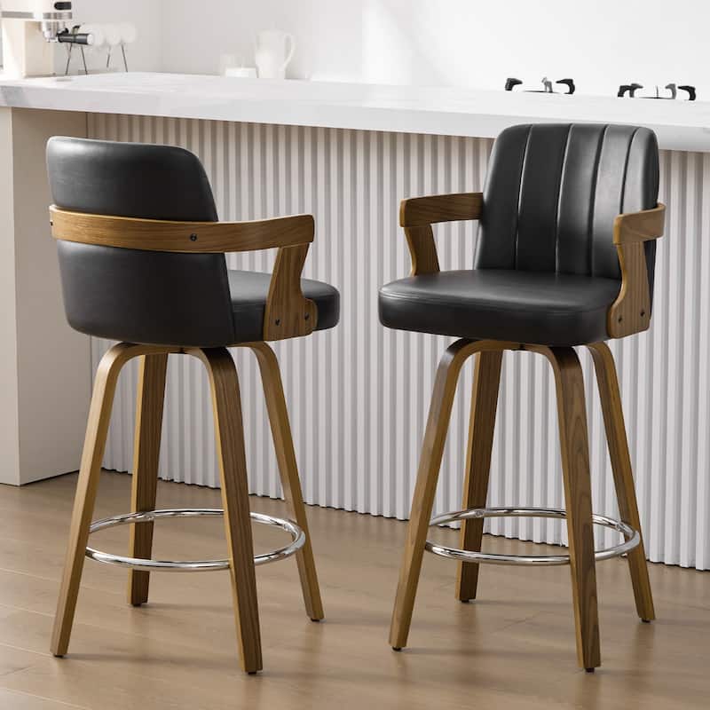 Upholstered Swivel Barstool with Arms and Bentwood Legs - 40.8"H x 18.9"W x 19.5"D/19.3"D - Set of 2 - Black
