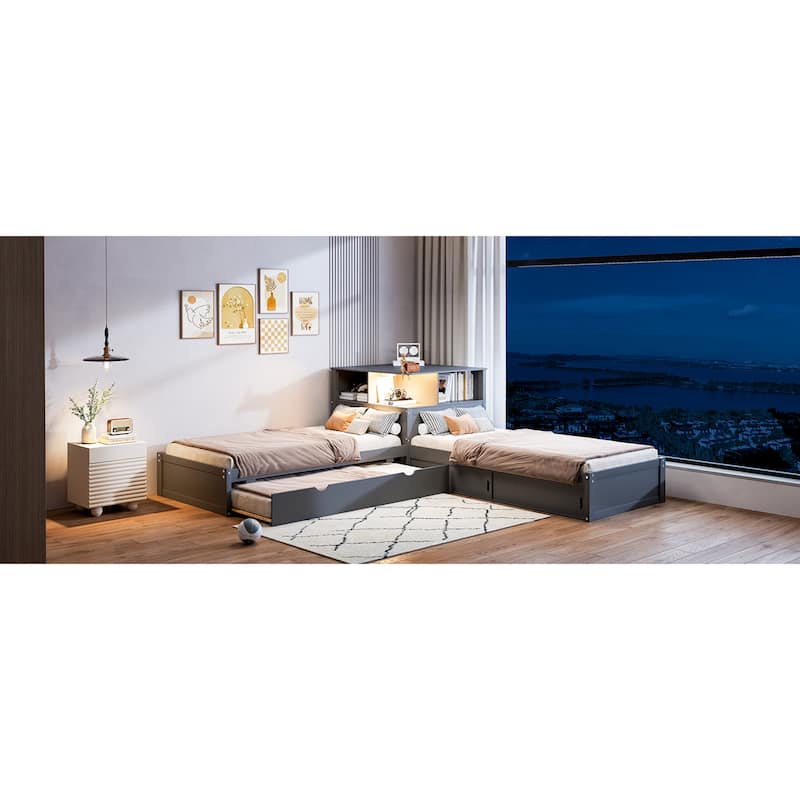 Roomfitters Twin L-Shaped Platform Bed with Trundle, Storage Cabinets and LED Desk