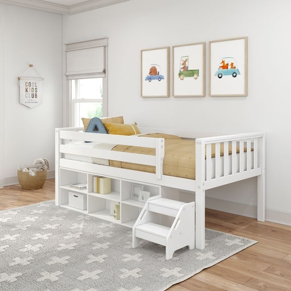 slide 2 of 22, Max and Lily Twin Solid Wood Soren Ultra Low Loft Bed with Bookcase White