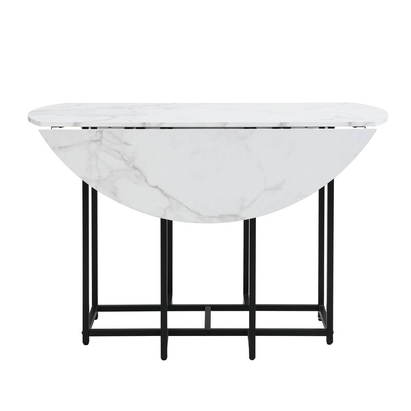 5-Piece Extendable Kitchen Dining Table Set- Round Faux Marble Top, 4 Upholstered Chairs, Compact Foldable Design