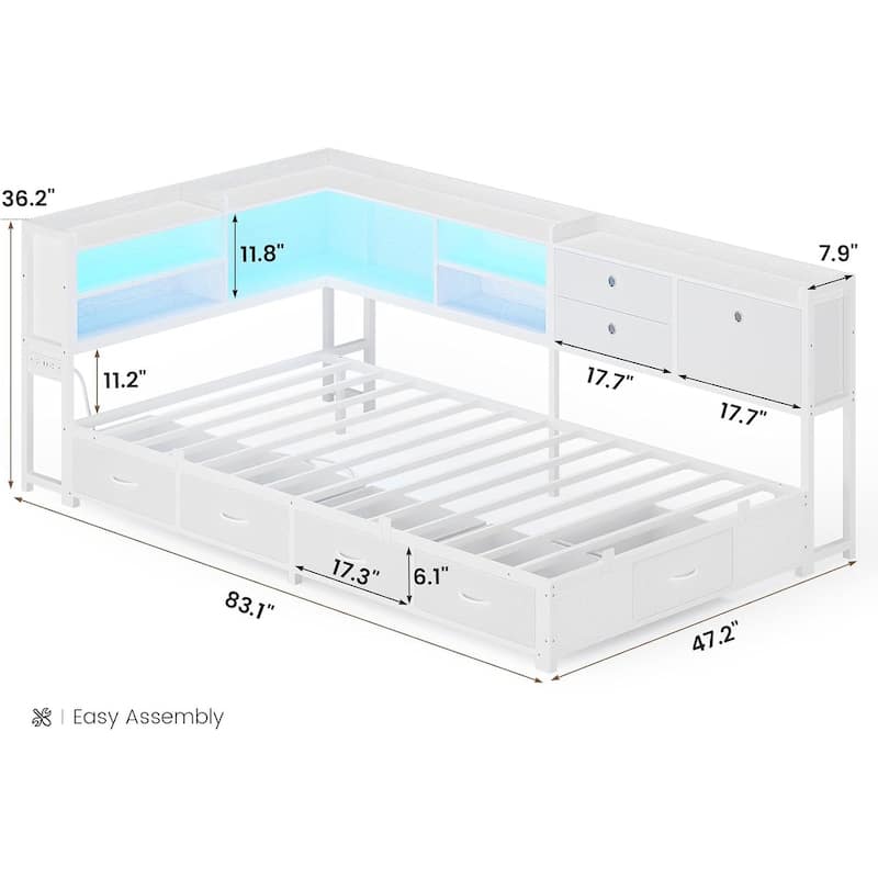 Corner Bed Frame Charging Station Twin Daybed 8 Storage Drawers Bookcase