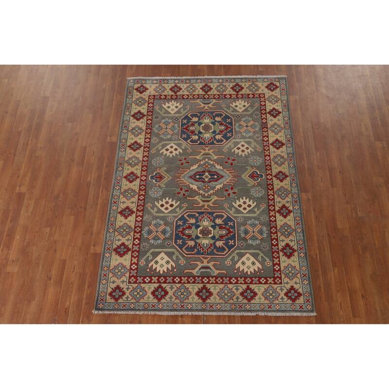 Gray Geometric Kazak Area Rug Handmade Oriental Wool Carpet - 4'11" x 7'0"