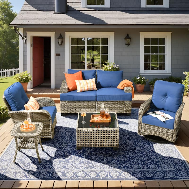 HOOOWOOO 6-piece Wicker Patio Outdoor Seating Swivel Chair Set - Navy Blue
